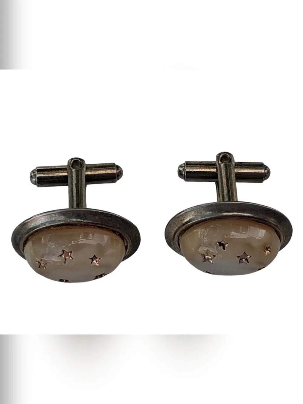 ​Vintage Antique Silvertone Celestial Star Moonstone Glass Cufflinks